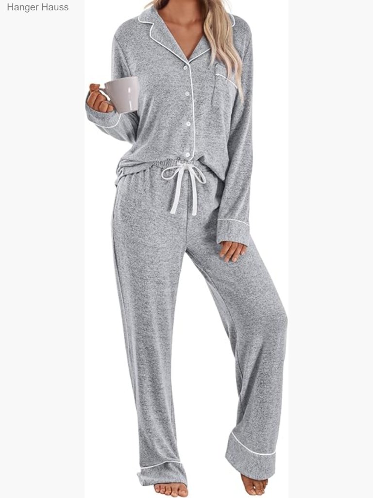 Long Sleeve Pajama Set With Button-Down Top & Drawstring Pants Pockets